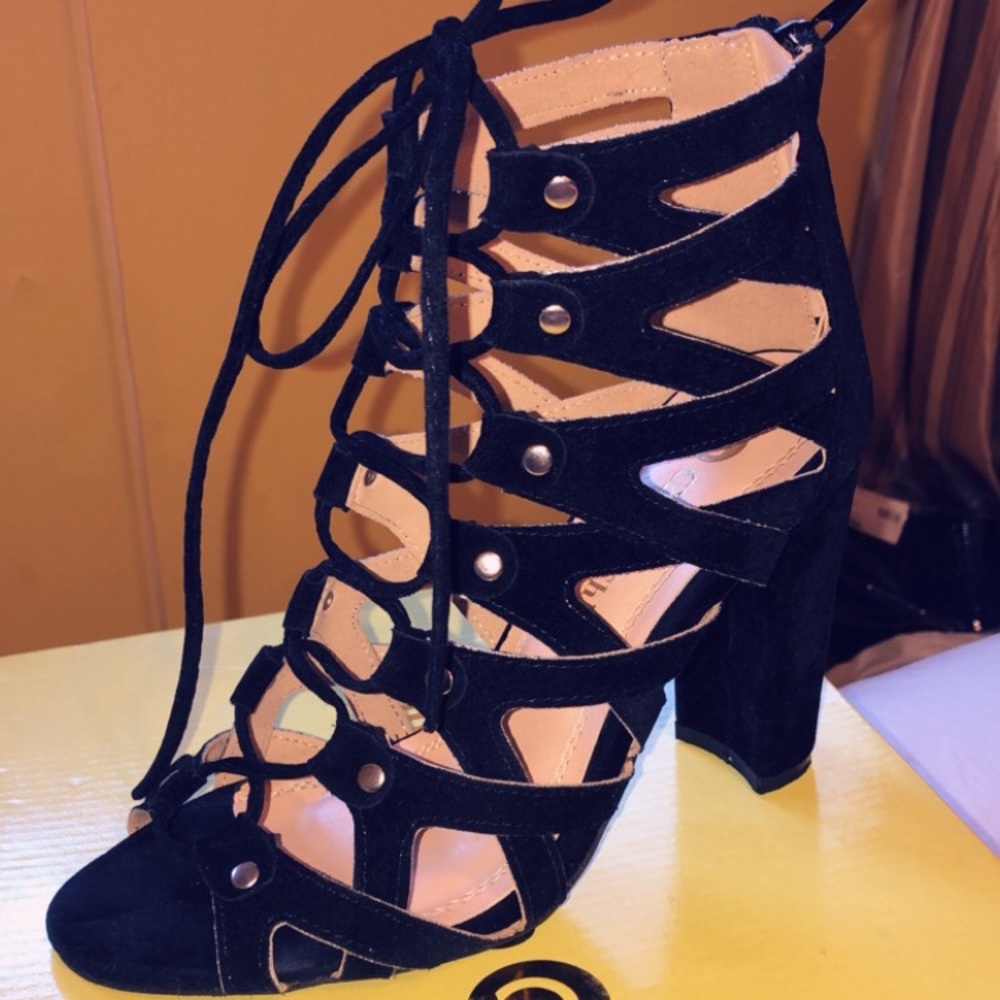 Black Suede Lace Up Heeled Sandals